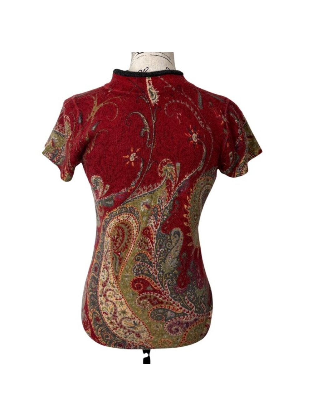 Neiman Marcus Womens Size S Cashmere Paisley Sweater Red Short Sleeve Asian - Picture 3 of 8
